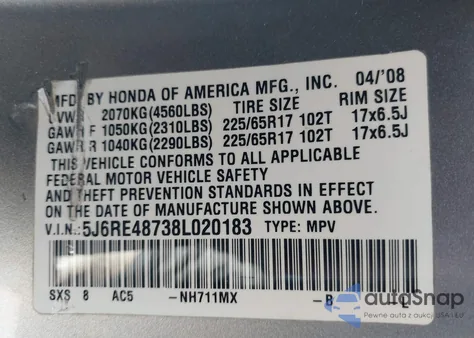 2008 Honda Cr-V Ex-L из США, поврежденный, VIN 5J6RE48738L020183